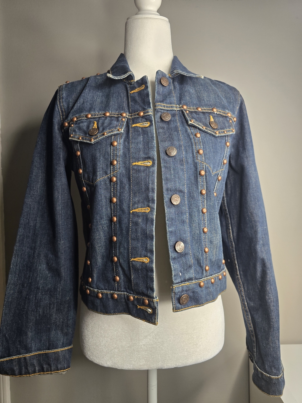 Vtg Polo Jeans Co Ralph Lauren Studded Denim Jacket Y2K Medium Slim Fit Distress